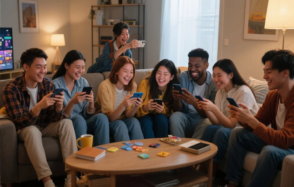 多位年轻男女围坐在客厅沙发上，手持移动设备，愉快地参与在线娱乐活动，氛围轻松活泼