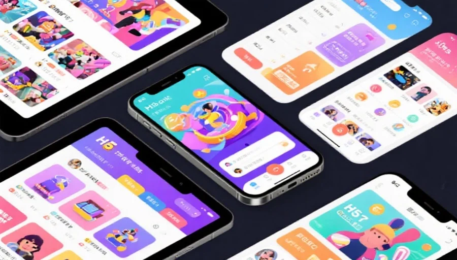 现代移动设备（手机和平板）上展示多个H5娱乐应用界面，界面色彩丰富、动画流畅