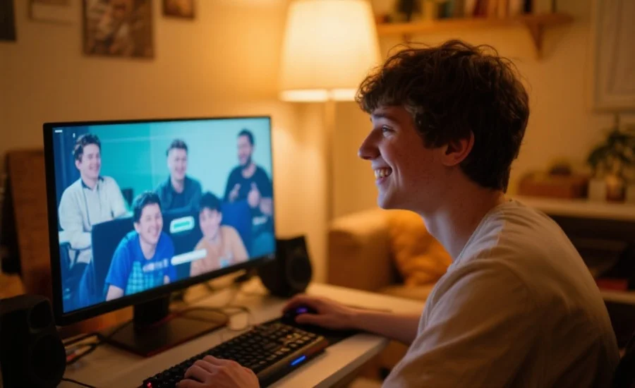 玩家在家中参与社区互动的温馨画面